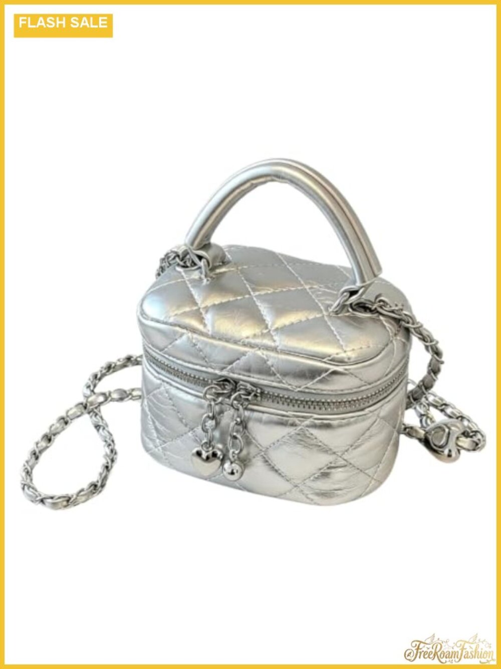 Quilted Mini Box Crossbody Bag with Chain Strap, Top Handle & Heart Charm